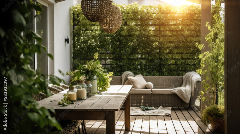 Terrasse/Balkon mit Möbeln und viel Grünpflanzen im Sommer, Generative