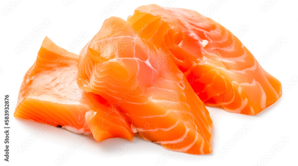 slice of fresh raw salmon on white background. Generative AI slice of fresh raw salmon on white background. Generative AI
