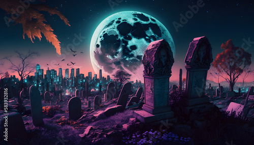 Cemetery under the moon. Generative AI