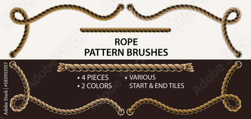 Set of 4 vector rope pattern brushes. 2 colors and 2 different styles of ends. Thin rope. Warm natural colors. Vintage detailed style.