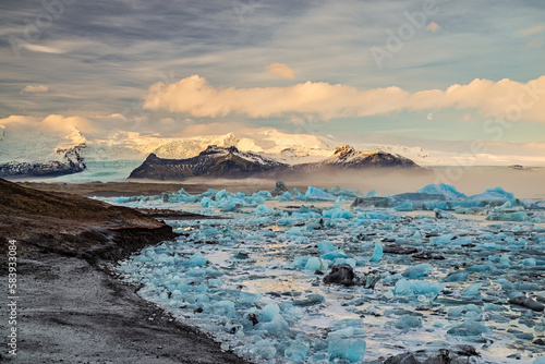 Sunrise in Jokulsarlon glacier lagoon in Vatnajokull National Park, Iceland