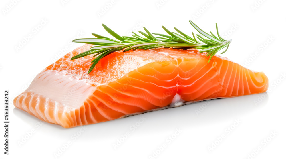 slice of fresh raw salmon on white background. Generative AI slice of fresh raw salmon on white background. Generative AI