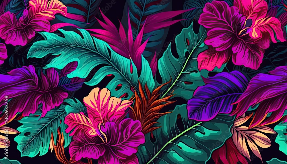background with neon flowers and tropical leaves, generative AI background with neon flowers and tropical leaves, generative AI