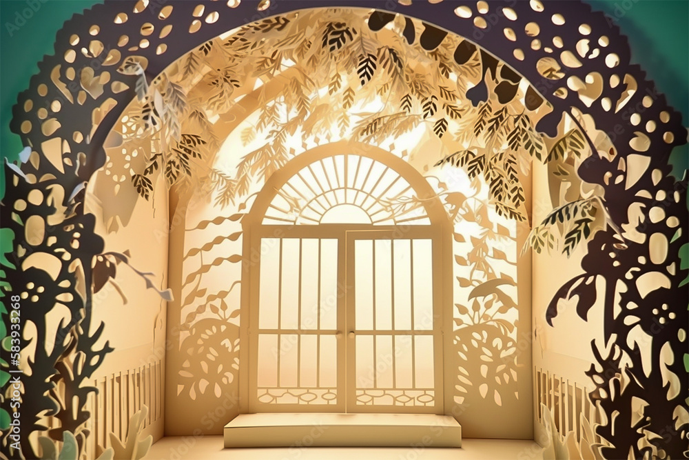 Paper cut craft of tunnel inside forest. Multi layered paper craft work, forest, jungle, door. Generative AI.