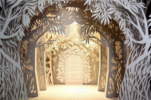 Paper cut craft of tunnel inside forest. Multi layered paper craft work, forest, jungle, door. Generative AI.