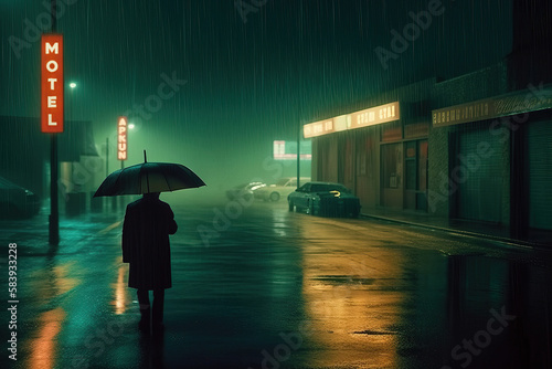 Back view of unrecognizable man in black coat with umbrella walking on city street in rainy night besides a Motel red sign. Generative AI photo