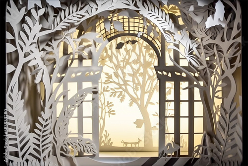 Paper cut craft of tunnel inside forest. Multi layered paper craft work, forest, jungle, door. Generative AI.