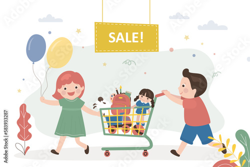 Funny children is pushing cart full of toys. Flash sale, discounts in toy store. Cute boy and girl bought lot of various cheap toys. Friends in supermarket.