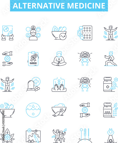 Alternative medicine vector line icons set. Holistic, Naturopathy, Homeopathy, Acupuncture, Ayurveda, Reiki, Aromatherapy illustration outline concept symbols and signs