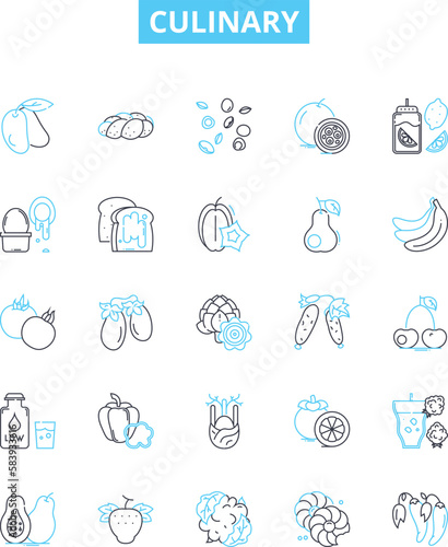 Culinary vector line icons set. Cooking, Baking, Chef, Cuisine, Recipe, Gourmet, Spices illustration outline concept symbols and signs