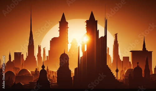  the sun is setting over a city with tall buildings and spires. generative ai