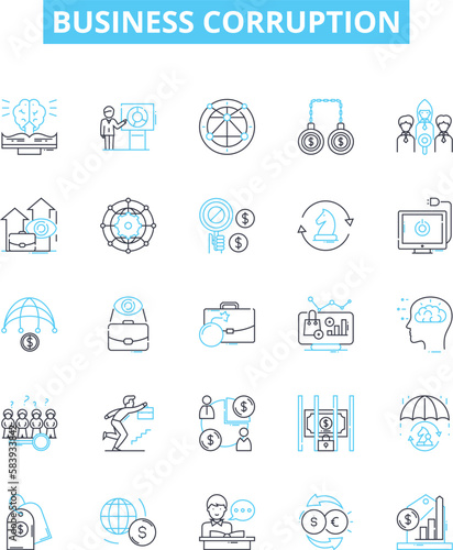 Business corruption vector line icons set. Bribery, Fraud, Embezzlement, Extortion, Collusion, Rigging, Monopoly illustration outline concept symbols and signs