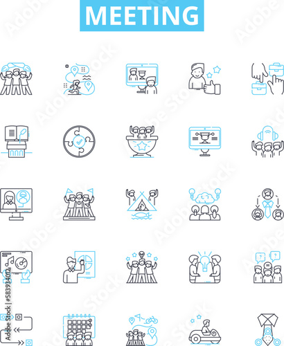 Meeting vector line icons set. Conference, Assembly, Dialogue, Forum, Gather, Caucus, Rendezvous illustration outline concept symbols and signs