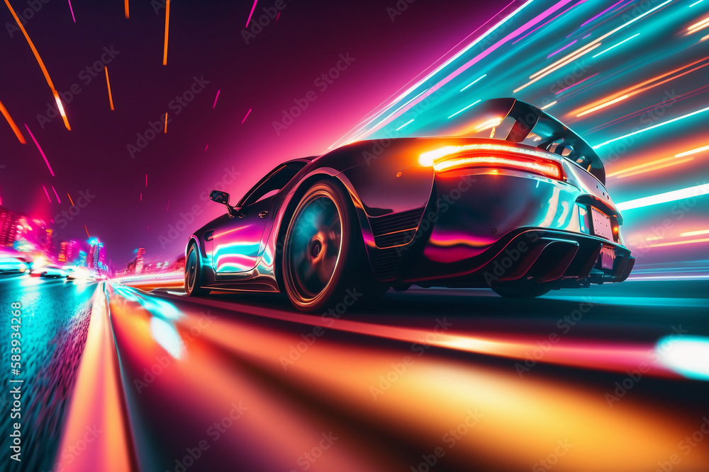 A sports car rushing into the distance against a backdrop of blurry neon lights. Generative AI.