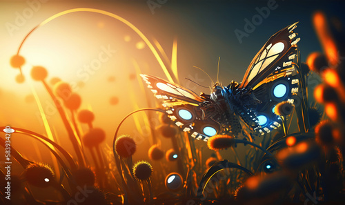 Clouse-up illustration of fantastic butterfly on blurred morning background. Generative AI.