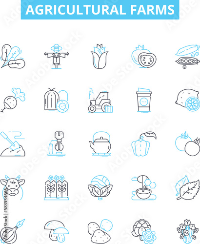 Agricultural farms vector line icons set. Farms, Agriculture, Crops, Cultivation, Plantations, Horticulture, Irrigation illustration outline concept symbols and signs