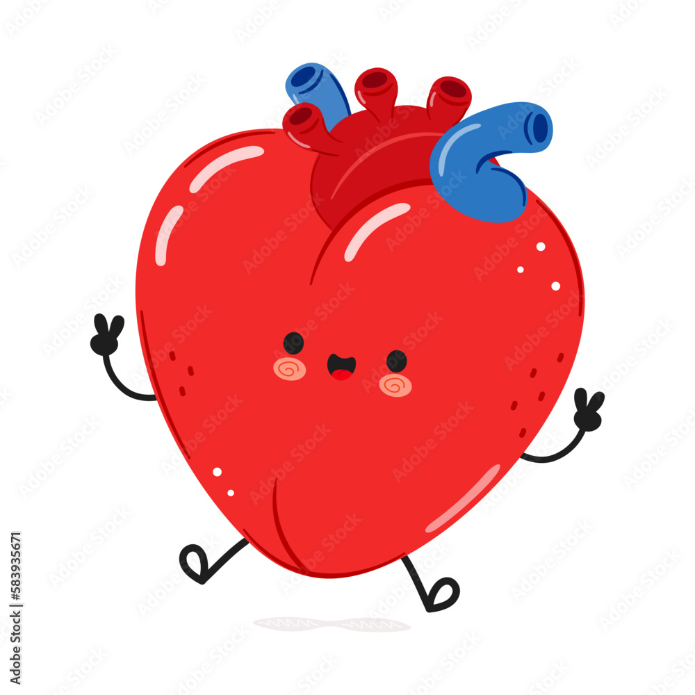 Cute funny heart organ jumping character. Vector hand drawn cartoon kawaii character illustration icon. Isolated on white background. Heart organ character concept Cute funny heart organ jumping character. Vector hand drawn cartoon kawaii character illustration icon. Isolated on white background. Heart organ character concept