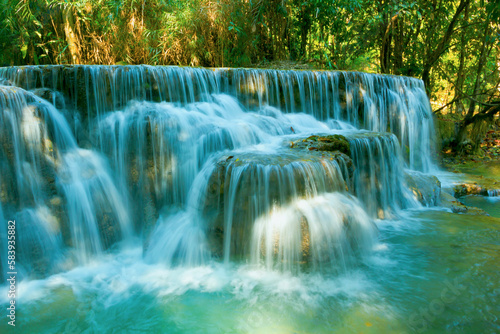 Beautiful Tat Kuang Si Waterfalls in rainforest. Luang Prabang, Laos.