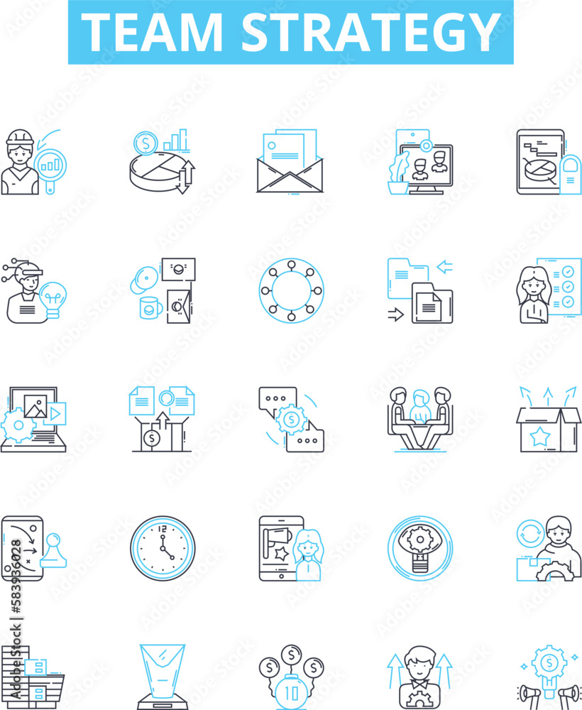 Team strategy vector line icons set. Collaboration, Planning, Alignment, Execution, Communication, Participation, Synergy illustration outline concept symbols and signs