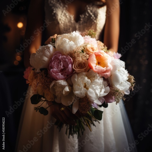 Beutiful bridal bouquet of flowers in a brids hands, made with generated ai photo