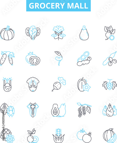 Grocery mall vector line icons set. Grocery, Mall, Supermarket, Food, Store, Shopping, Market illustration outline concept symbols and signs
