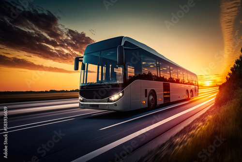 Tourist bus driving through highway at sunset. Generative AI