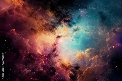 Creative and colored background of a sky with colored clounds and stars, abstract scenery of nebula - Generative AI