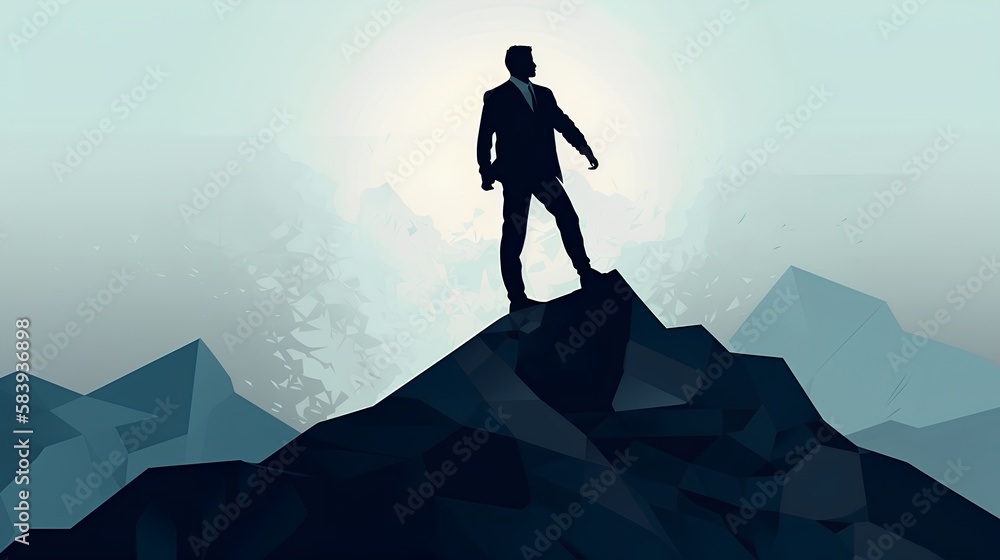 Businessman standing victoriously atop a mountain peak, embaodying