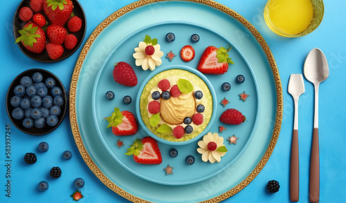  a blue plate topped with fruit and a cup of coffee. generative ai