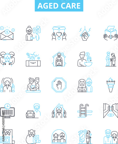 Aged care vector line icons set. Aging, Care, Elderly, Assisted, Supportive, Nursing, Retirement illustration outline concept symbols and signs