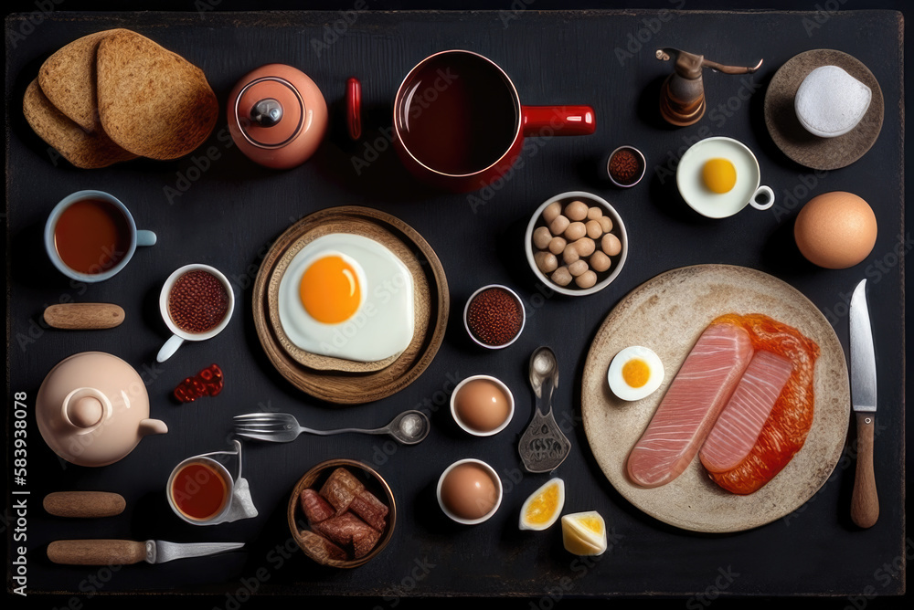 English breakfast on dark table. Generative AI English breakfast on dark table. Generative AI