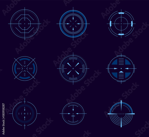 Futuristic aim pointer. Circle HUD user interface element, weapon collimator round aim, digital focus UI game asset. Vector accuracy symbols isolated