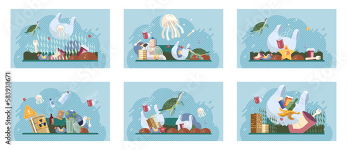 City landfill with garbage. Polluted area, garbage dump background. Earth day. Heaps of waste, stray dogs waste pollution cityscape cartoon backdrop. Junkyard, wasteland. Environment pollution problem