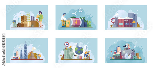 Waste and recycle set. Contains concepts trash, plastic, paper, bottle, can dumpster, factory, truck, food, garbage, glass pollution. Metaphor waste pollution. Different types of garbage and waste