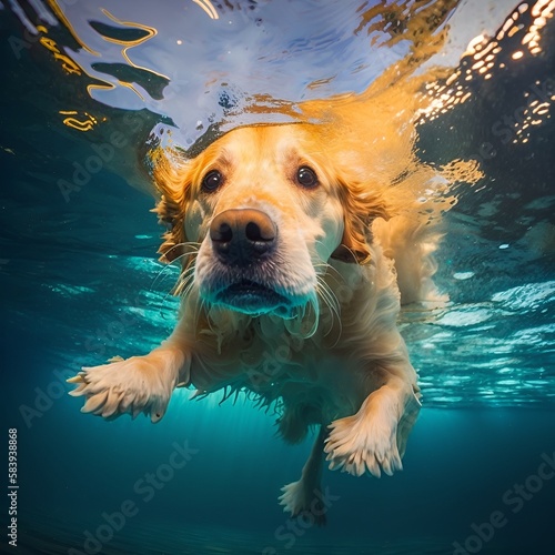 Generative AI golden retriever dog swimming