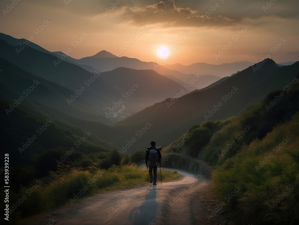 Man walking alone on a winding road toward the sunset. Generative AI, photo realistic Man walking alone on a winding road toward the sunset. Generative AI, photo realistic