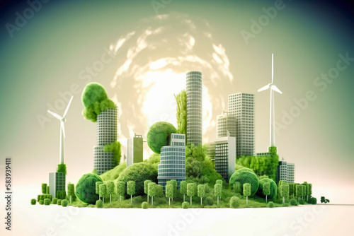 Energy consumption and CO2 gas emissions are increasing light bulb with green eco city , Renewable energy by 2050 Carbon neutral energy , Save energy creative idea concept , Generative Ai. photo