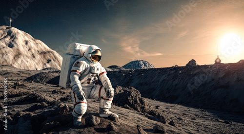Vászonkép An astronaut on a moonwalk mission to collect moon rock samples (generative AI)