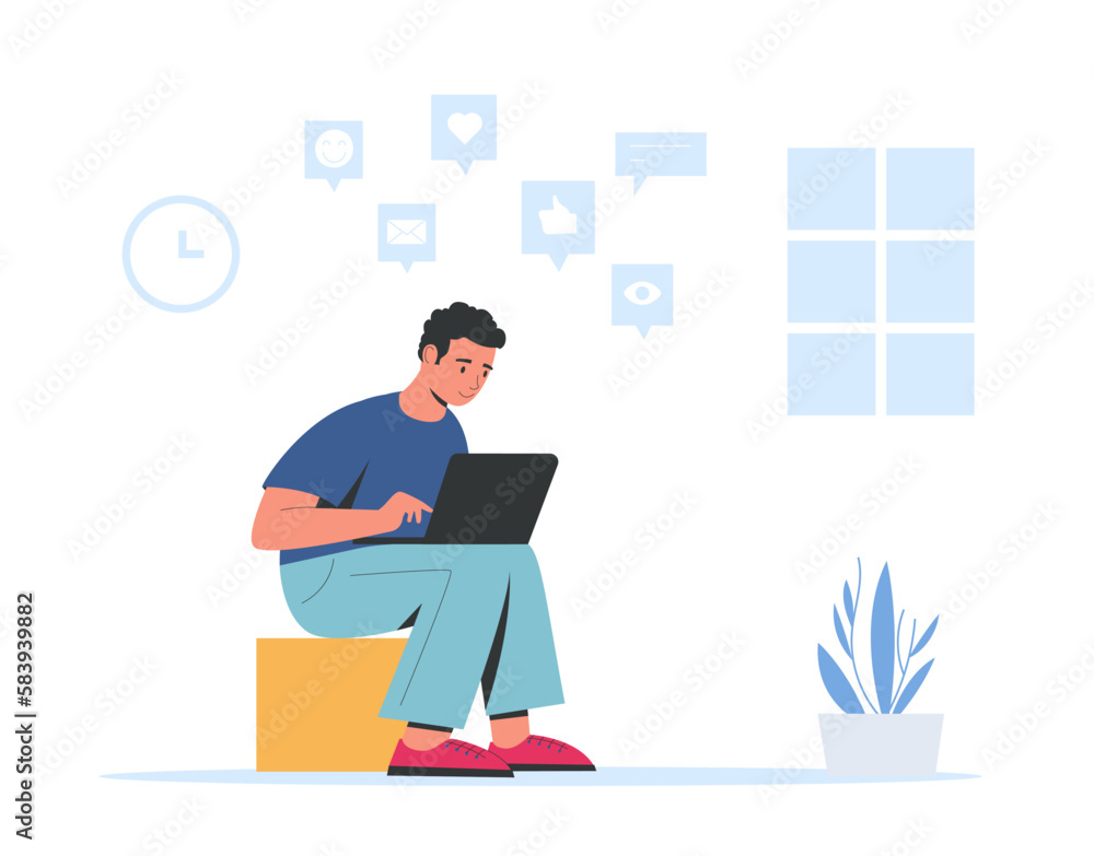 Man with laptop and browsing networks for chatting and getting likes and hearts Man with laptop and browsing networks for chatting and getting likes and hearts