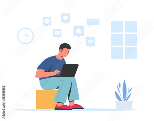 Man with laptop and browsing networks for chatting and getting likes and hearts