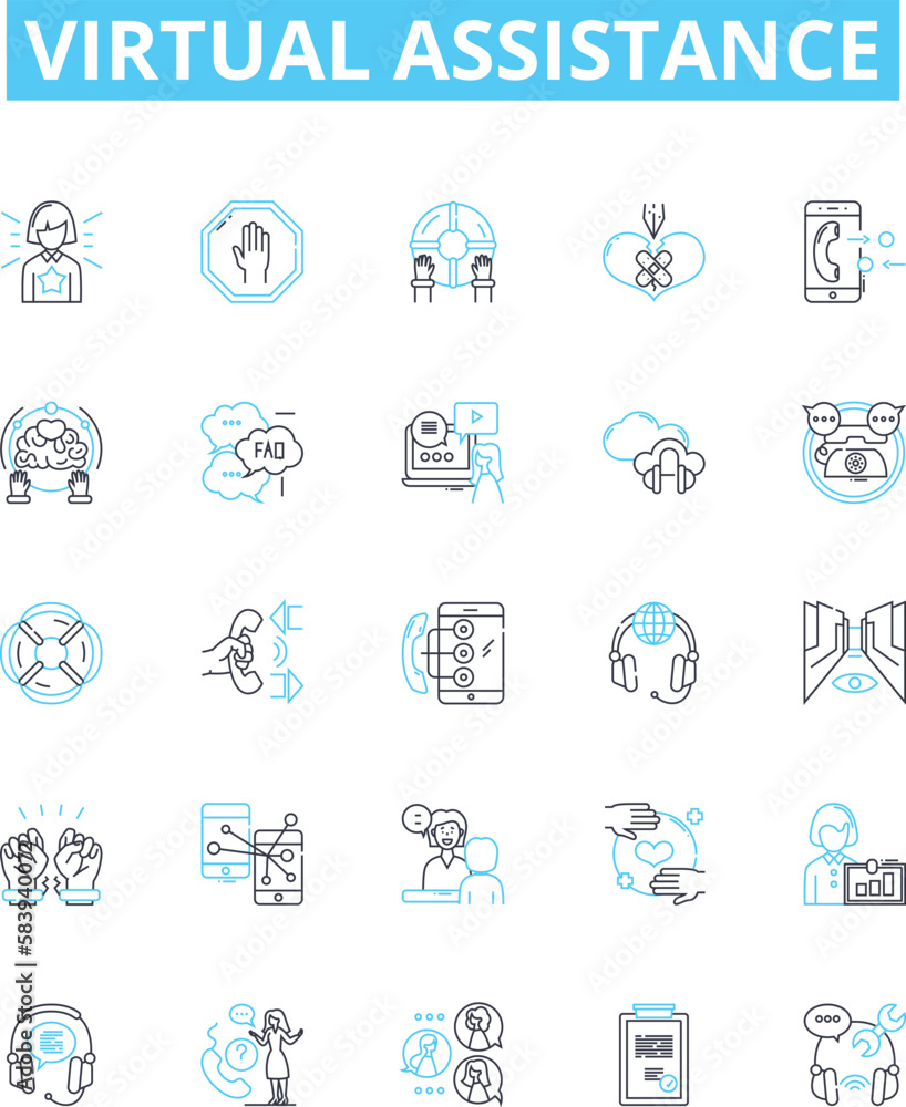 Virtual assistance vector line icons set. Virtual, Assistance, AI, Chatbot, Automation, Helper, Robot illustration outline concept symbols and signs