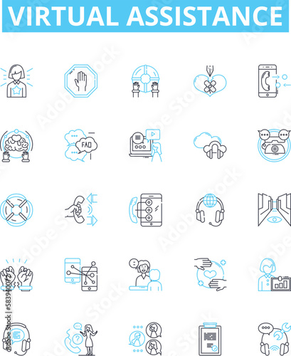 Virtual assistance vector line icons set. Virtual, Assistance, AI, Chatbot, Automation, Helper, Robot illustration outline concept symbols and signs