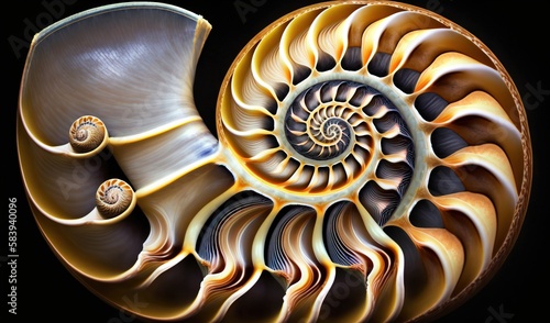  a close up of a nautish shell on a black background with a black background and a black background with a white and yellow shell.  generative ai
