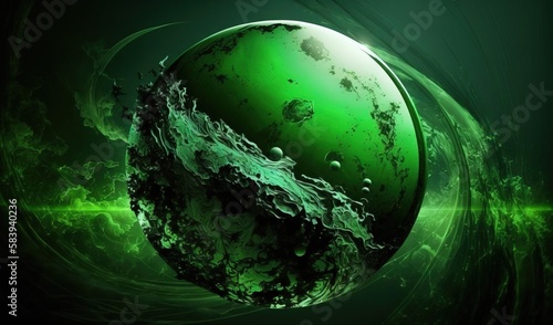  a green sphere with water on it in a dark background with a green swirl around it and a black background with a green swirl around it.  generative ai