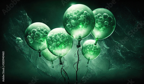  a bunch of green balloons with lights on them in the dark. generative ai