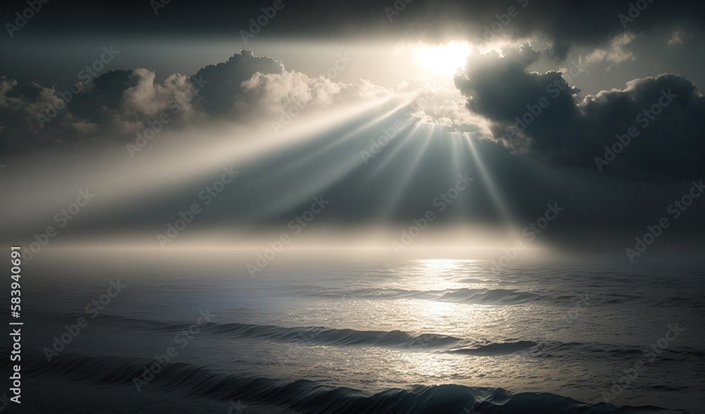  the sun is shining through the clouds over the ocean waves and the ocean is calm and calm, and the sun is shining through the clouds.  generative ai