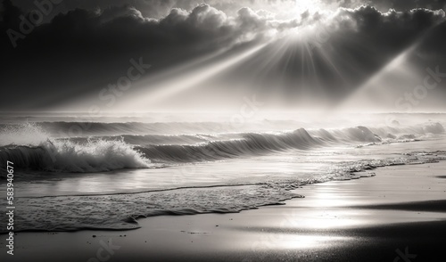  a black and white photo of the sun shining through clouds over the ocean and the waves crashing on the shore of a beach in the ocean. generative ai
