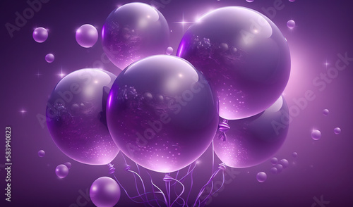  a bunch of purple balloons floating in the air with bubbles. generative ai