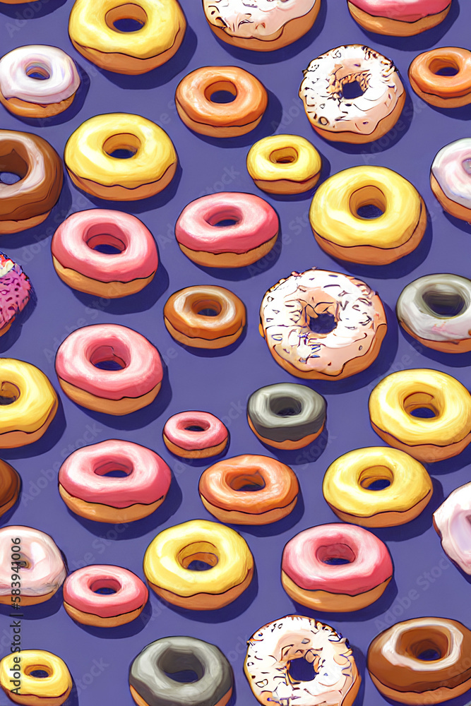 Fototapeta premium Colorful Donuts Flat Lay On A Plain Color Background created with generative ai technology