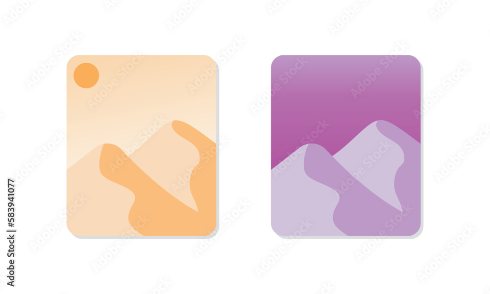 Set of desert landscape posters with sand dunes at sunrise and sunset. Simple scene of day and dusk. Vector illustration.
